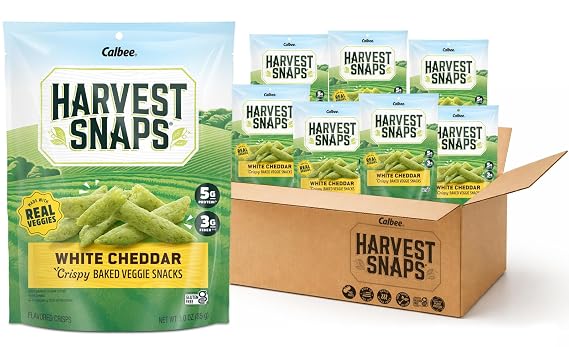 Harvest Snaps Veggie Chips (White Cheddar Snack Crisps) | Powered by Plant Protein, Gluten Free Baked Vegetable Crisps | Made in USA (8 Snack Packs)