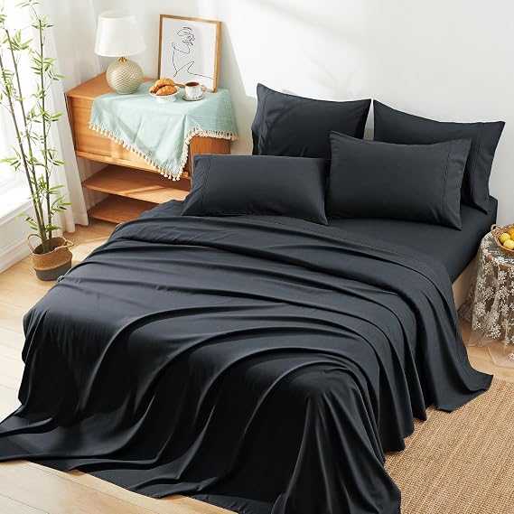 Manyshofu 70% Rayon Derived from Bamboo Sheets Queen Size Bed Sheets - 6 Piece Organic Cooling Sheets Silky Black Queen Sheet Set - Soft Breathable Luxury Bedding Sheets & Pillowcases