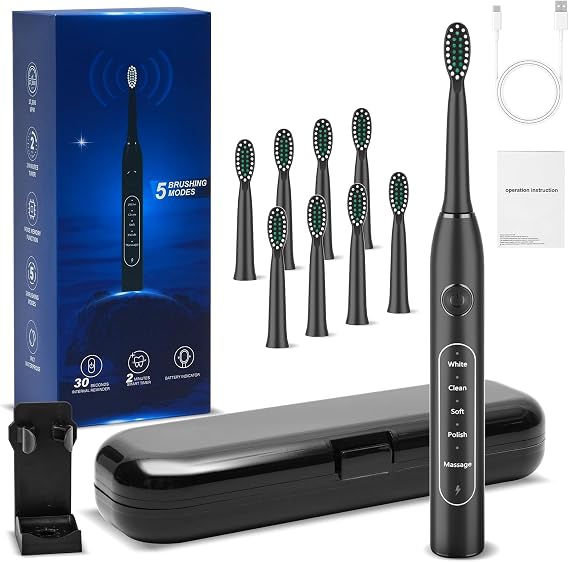 Electric Toothbrush for Adults with 8 Replacement Brush Heads, Travel Bag, 5 Cleaning Modes, IPX7 Waterproof, Rechargeable, Smart Timer, Black Whitening Power Toothbrush Set