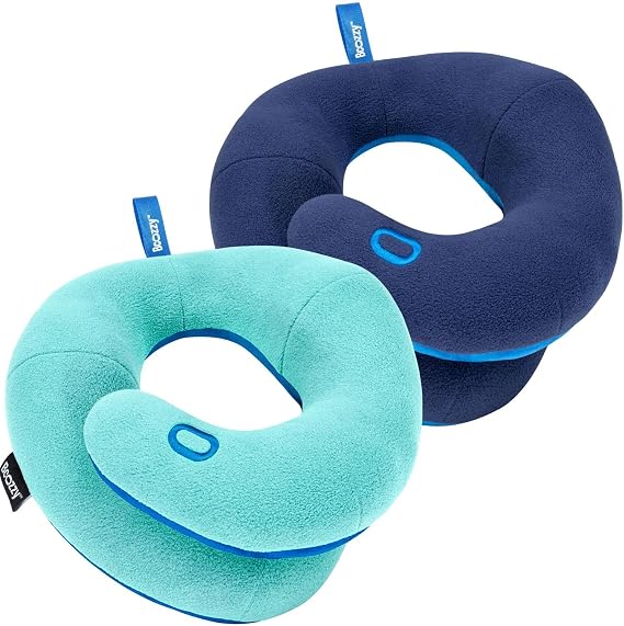 BCOZZY Pillow Bundle: Includes 2 Travel Neck Pillows, Featuring Double Support for Comfortable Sleep on The Plane. Medium Size, in Light Blue and in Navy