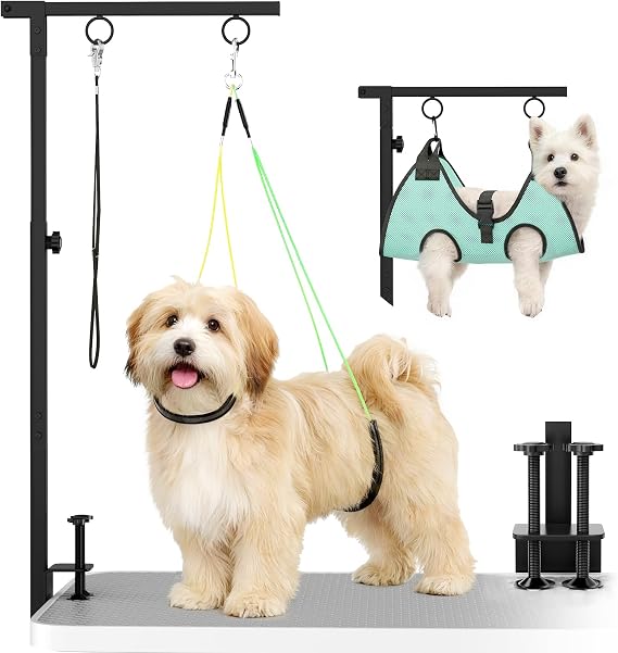 Dog Grooming Table Arm, 31.5"-43.3" Adjustable Pet Stand with Hammock & Clips 3-in-1 Grooming Kit for Nail Trimming, Haircut & Drying, Home Supplies for Small Dogs