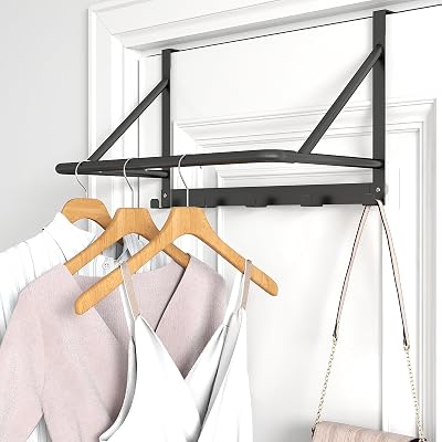 Over The Door Clothes Hanger, Metal Clothes Rack for Door with 5 Hooks, Over The Door Hanger for Bathroom, Laundry, Bedroom, Washroom, Fits Door Up to 1.97, Matte Black