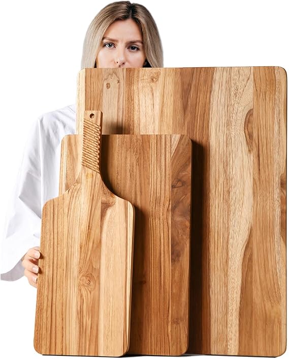 Teak Wood Cutting Board Set of 3 for Kitchen, Thick Chopping Board, Large Wooden Cutting Board Set, Wooden Trays for Turkeys, Meat, Fruit and Cheese