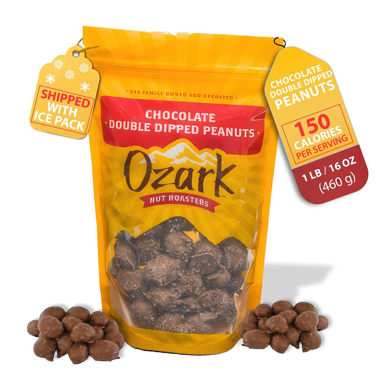 OZARK NUT ROASTERS, Double Dipped Chocolate Peanuts, Flavored Snack Nuts, World-Class Gourmet Candied Peanuts, Resealable Pack 16 oz