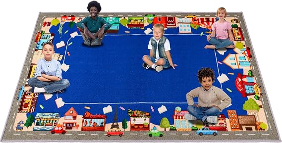 Classroom Carpets Kid Rug, 7.7'13.3' City Street View, Reading Seat Area Rug Educational Carpet for Classroom Elementary Learning Area, Nylon Surface, Non-Slip Latex Backing