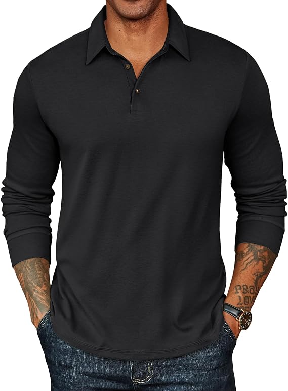 COOFANDY Mens Long Sleeve Polo Shirts Classic Casual Button Polo Tee | Casual,Button Collar,Lightweight,Classic Basic,Soft fabric,Breathable