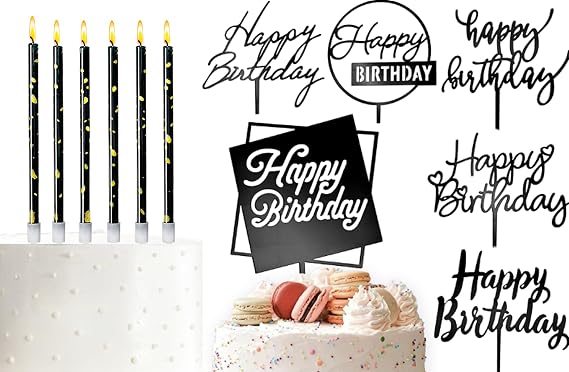 24 Pcs Black & Gold Birthday Candles & 6 Pcs Birthday Cake Topper - Birthday Set for Cake Decoration