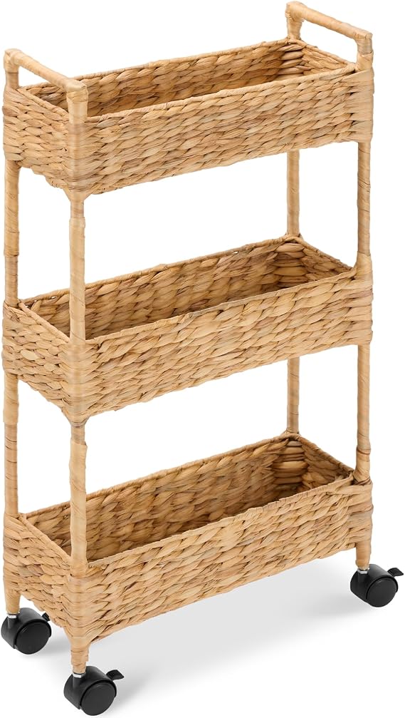 Best Choice Products 3-Tier Slim Water Hyacinth Rolling Nursery Caddy w/Wheels, Handwoven Utility Cart, Narrow Storage Organization for Bathroom, Craft Room, Laundry Room - Natural