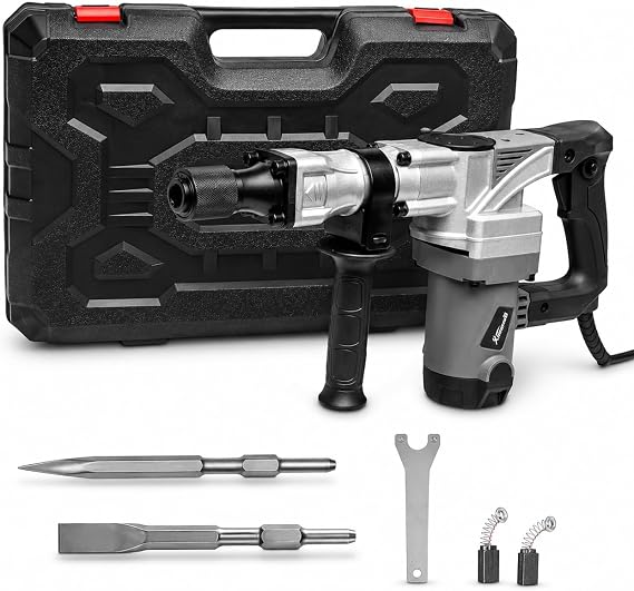 XtremepowerUS 1400W Electric Demolition Jack Hammer, 3900 BPM Heavy Duty Concrete Breaker with Point & Flat Chisel Bits, Adjustable Handle,
