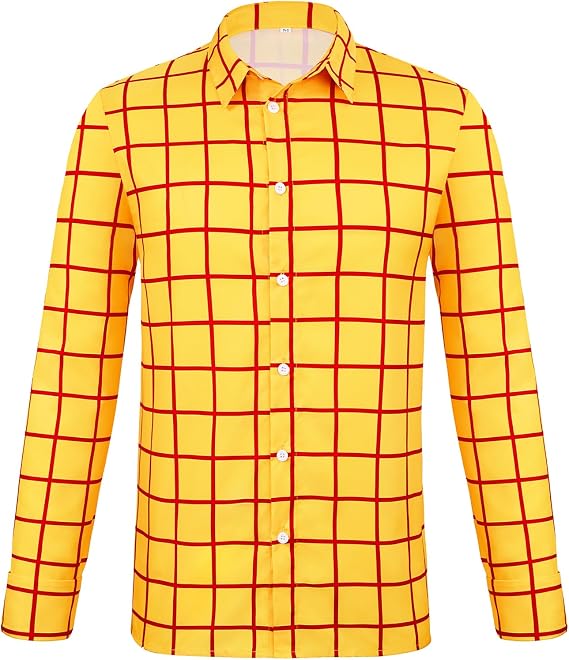 Zando Yellow Plaid Button Down Shirts for Men - Adult Halloween Cosplay Cowboys Outfit for Men Long Sleeve Shirt