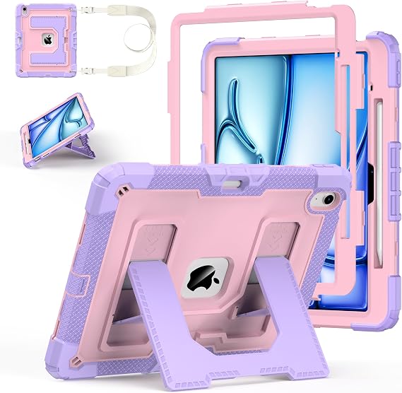 Case for iPad Air 13 Inch Case M4 2026/M3 2025/ M2 2024, Ubearkk for iPad Air 13 Inch Case M4 2026 Case Fully-Body Rugged Shockproof Cases with Large Kickstand Pen Holder Shoulder Strap, Purple Pink