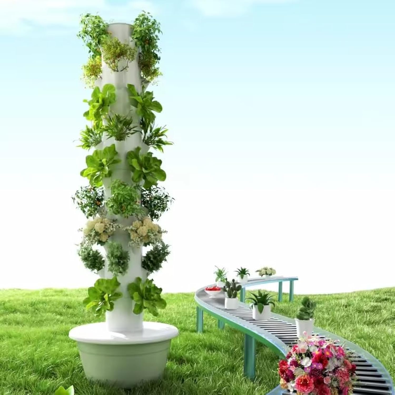 Vertical Hydroponic Grow Tower Aeroponic Tower for Fruits and Vegetables 9Layer 36Pots Planter with Water Tank and Pump