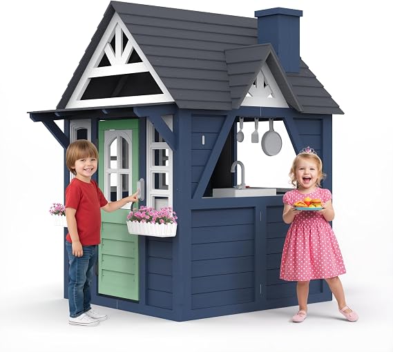 YOFE Kids Playhouse Outdoor,Wooden Play House Playset for Kids, Large, Sturdy, Realistic Design with Kitchen, Doorbell, Flower Pot, Stove, Sink & Clock, Perfect for Kid Ages 3-8 (Blue)