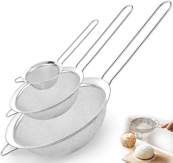 Fine Mesh Strainer Set of 3, Stainless Steel Sieve Sifters with handle, Medium Small Mini Size, Kitchen Strainers Colander Set for Sifting, Straining & Cooking(2.2"/3.9"/5.5")