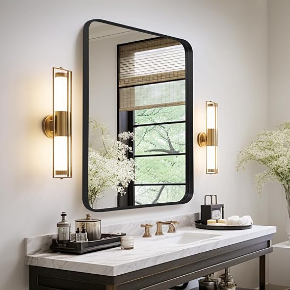 Anpark Wall Mirror 22" x 30" for Bathroom Black Metal Deep Frame Mirror for Wall Decorative Rectangular Round Corner Wall Mounted Vanity Mirror for Bedroom Entryway Living Room Wall Decor