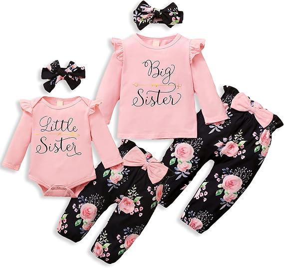 AMAWMW Big Sister Little Sister Matching Outfits Toddler Girl Clothes Newborn Baby Ruffle Romper Floral Pants Headband 3Pcs