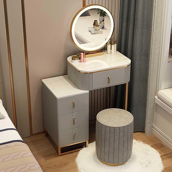 Modern Grey Makeup Desk with Adjustable Touch Light Large Mirror Vanity Table Set for Bedroom Dressing Table Makeup Vanity Table Set with Mirror for Bedroom Bathroom (Off white),Off,white,bround Stoo