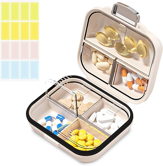 Travel Pill Organizer Box with Labels, Pearly White S, Portable Pill Case