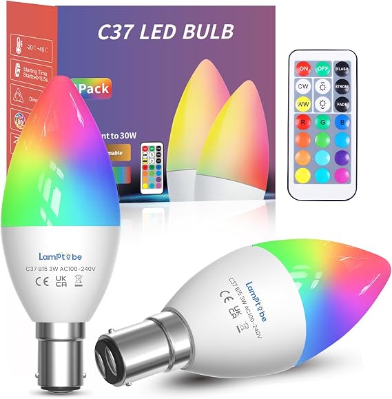 B15 Colour Chaning Light Bulb 3W Dimmable, 12 Colors RGB+Daylight+Warm White, SBC LED C37 Colored Candle Bulb Mood Lighting with Remote Control, 2 Pack