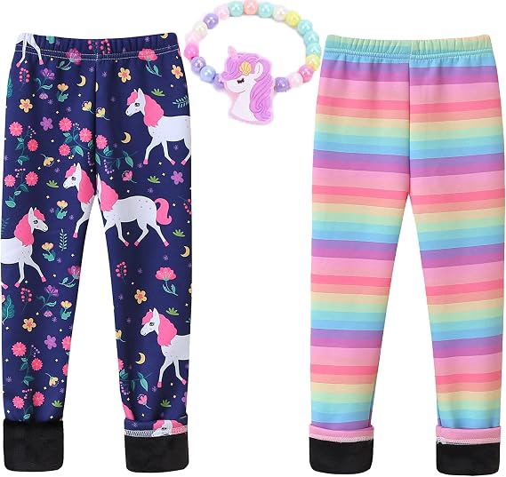 Girls Fleece Lined Leggings Set Thick Thermal Trousers Cotton Colourful Girls Winter Warm Pants Floral Printed Tights