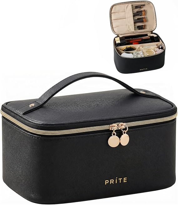 Prite Makeup Bag Toiletry Case for Women with Brush Holder, Black, Standard