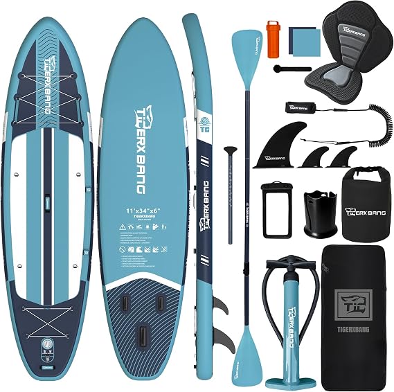TIGERXBANG Inflatable Stand Up Paddle Board, SUP Board with Seat 11'x34 x6 Wide Paddleboard for Adults & Youth - All Skill Levels