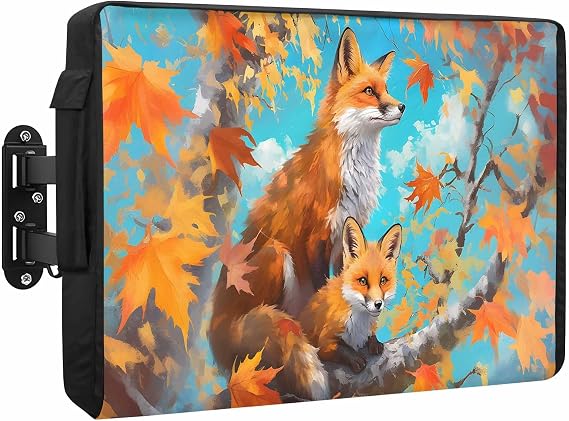 Fall Outdoor TV Cover 60 to 65 Inch Fox Waterproof and Weatherproof Outdoor TV Enclosure Blue Sky Autumn Maple Leaves Outside Flat TV Screen Protector Television Covers