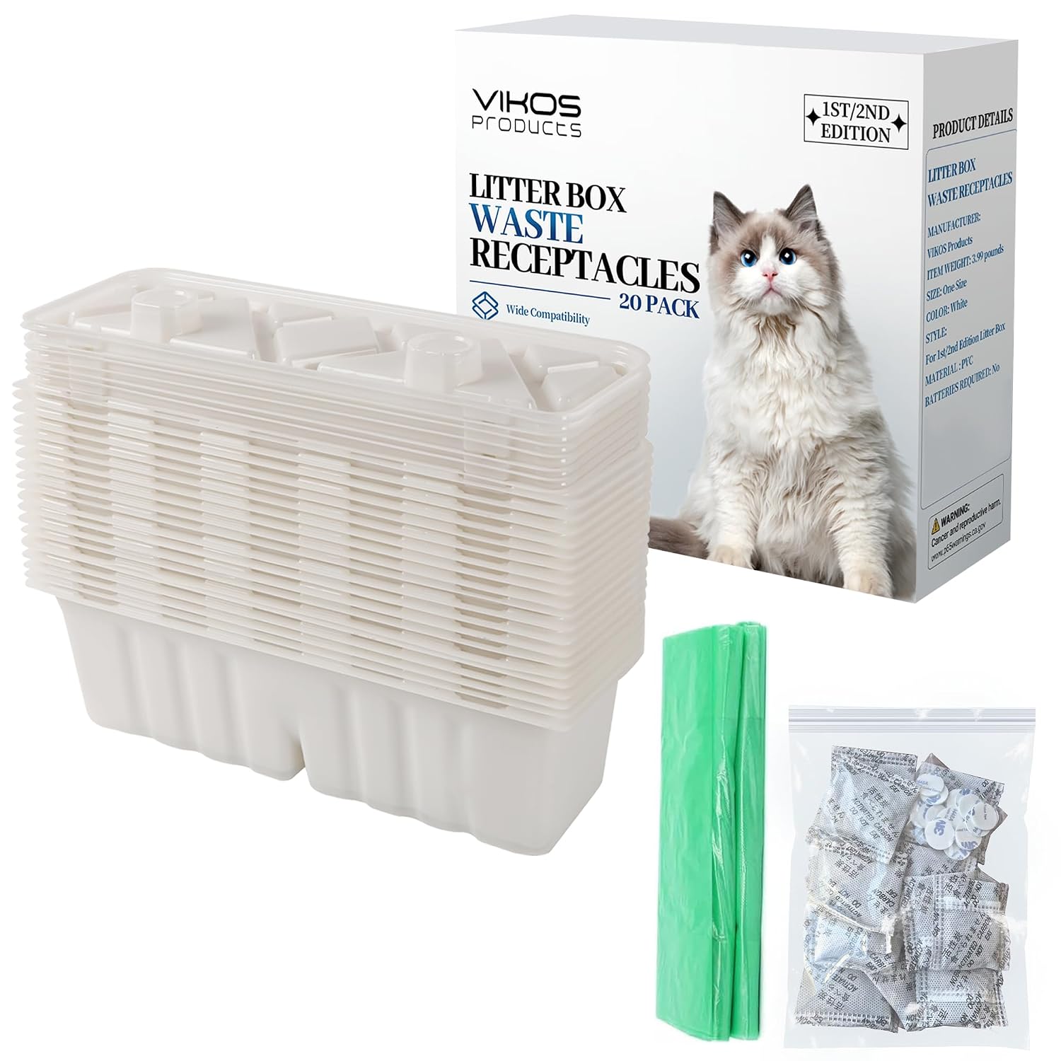 20-Pack Disposable Litter Box Waste Receptacles Compatible with Littermaid Waste Receptacles Fits 1St2nd Edition Automatic Cat Litter Box, Come with 20pcs Liners & 20pcs Carbon Filters