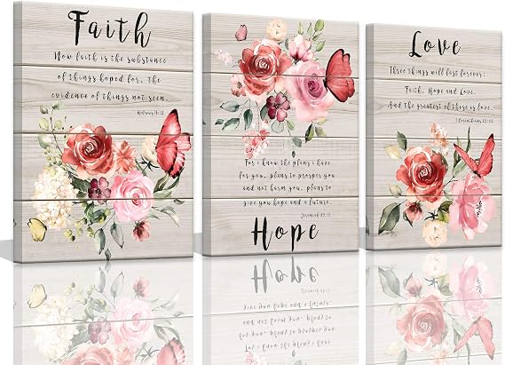 Wall Art for Bedroom Butterfly Wall Pictures Floral Paintings Faith Hope Love Quotes Inspirational Wall Art Watercolor Pink Flower Blossom Prints Bedroom Decor for Women Canvas Art 12x16inches x3pcs