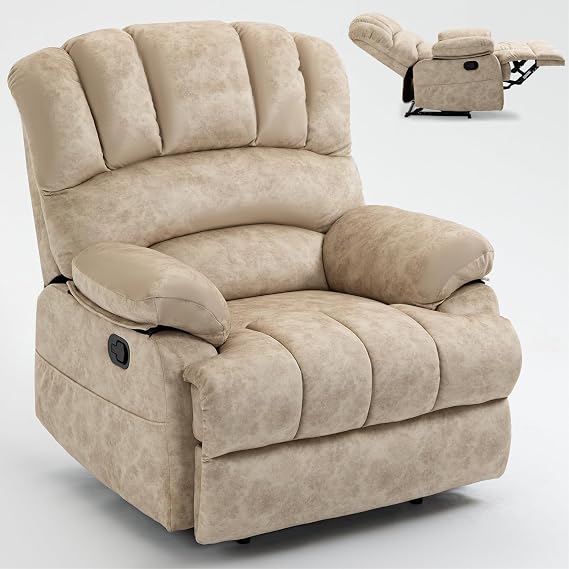 Large Boy Lazy Recliner Chair for Adult, Comfortable Manual Single Recliner Sofa in Velvet Fabric,Oversized Single Sofa with Adjustable Backrest, Footrest Extender,2 Pockets,Heavy Duty (Beige)