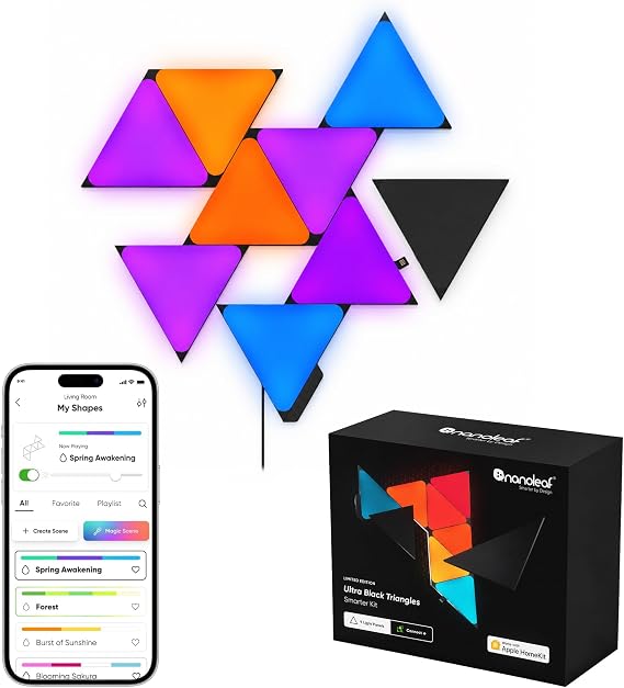 Nanoleaf Shapes Ultra Siyah Üçgen Başlangıç ​​Seti, 9 Adet Akıllı RGBW Üçgen LED Panel – Modüler Wi-Fi Duvar Aydınlatması (16 Milyon Renk), Alexa, Google ve Apple ile Uyumlu [Enerji Sınıfı G]
