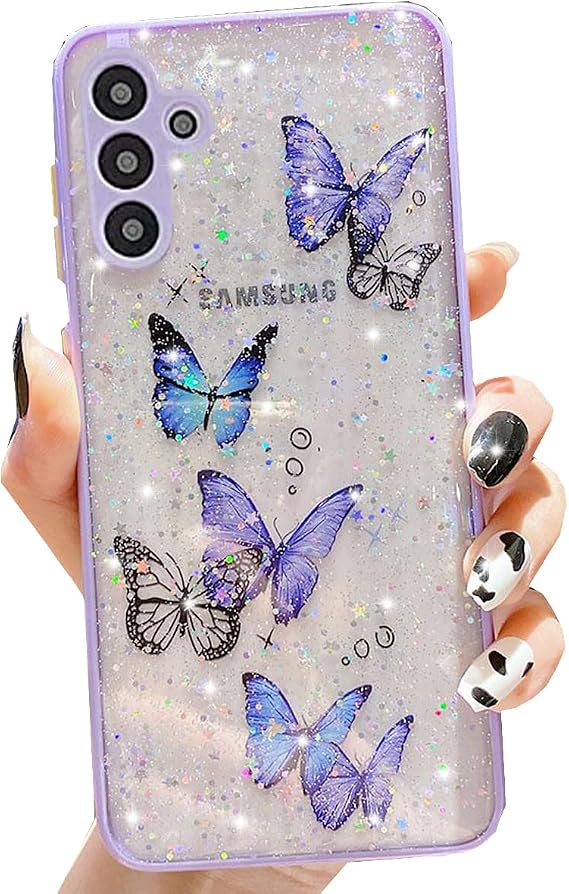 Changjia for Samsung Galaxy A15 5G Clear Glitter Butterfly Case, Cute Bling Sparkle Shiny Soft Silicone TPU Bumper Shockproof Women Girls Slim Protective Phone Cover for Samsung Galaxy A15 5G (Purple)