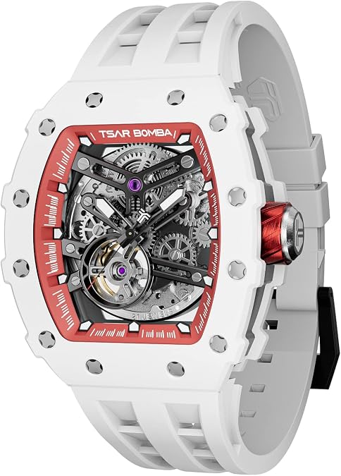 TSAR BOMBA Mens Luxury Watch Automatic Watches for Men 50M Waterproof Japanese Mechanical Movement Tonneau Stainless Steel Case Sapphire Glass Big Face Cool Unique Fashion Gift Men