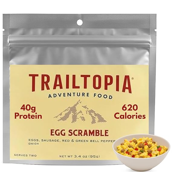 Trailtopia Scrambled Eggs with Sausage and Vegetables - Homemade Taste Ready-to-Eat Breakfast for Camping & Hiking | Protein-Packed Freeze Dried Meal | Quick Prep | Lightweight & Nutritious