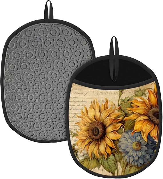 Pot Holder 2pack,Sunflowers and Blue Chrysanthemums On Vintage Script Background Silicone Heat Resistant Potholders Non-Slip Hot Pads with Pocket Suitable for Kitchen Cooking,Baking,9.57.5 in