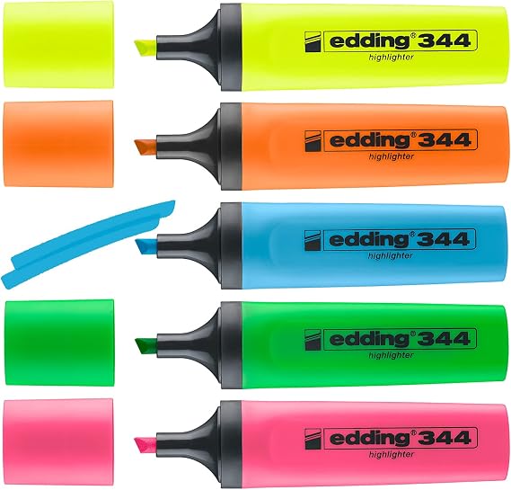 Edding 344 fosforlu kalem seti - sarı, turuncu, mavi, pembe, yeşil - 5 fosforlu kalem - 2-5 mm kesik uç