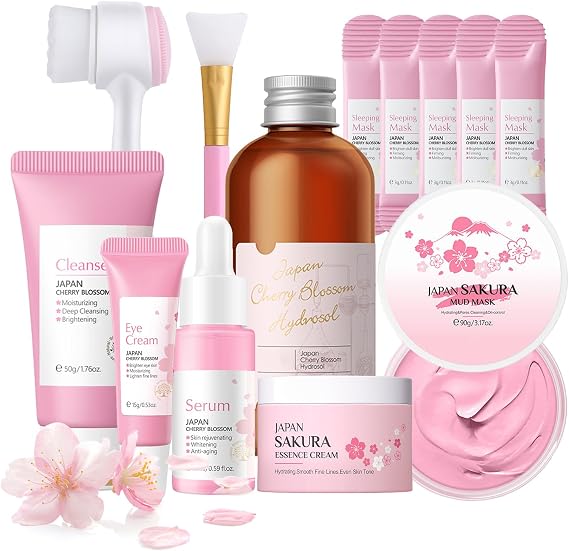 Skin Care Sets & Kits Sakura, Skin Care Sets For Teenagers, Gifts For Teenage Girls Pamper Sets For Women Basic Skin Care Moisturizing Set With Mud Mask, Cleanser, Serum, Cream