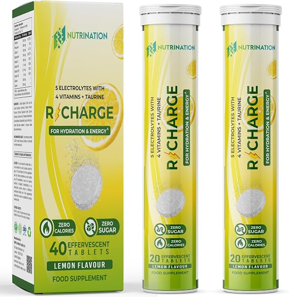 Electrolytes Hydration Tablets | 40 Effervescent Rehydration Tablets | 5 High Strength Electrolytes with Added Vitamin B6, B12, C & D | 250mg Taurine for Energy, Lemon Flavour