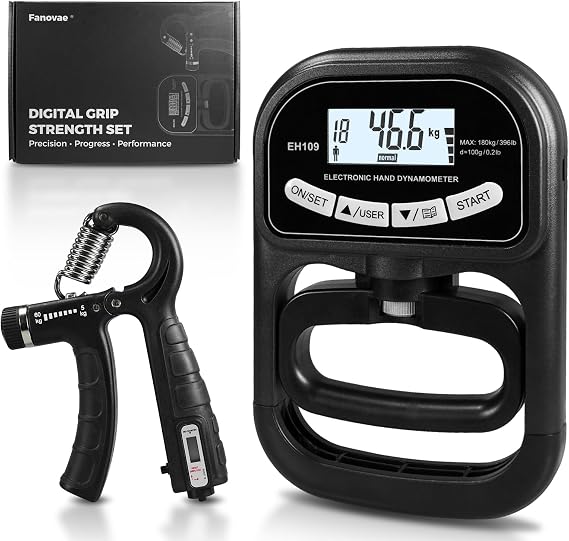 Digital Grip Strength Tester & Trainer Set LCD Hand Dynamometer with 19-User Memory, USB or Battery Powered + Electronic Grip Exerciser with 1-Touch Reset Fitness Gift for Men
