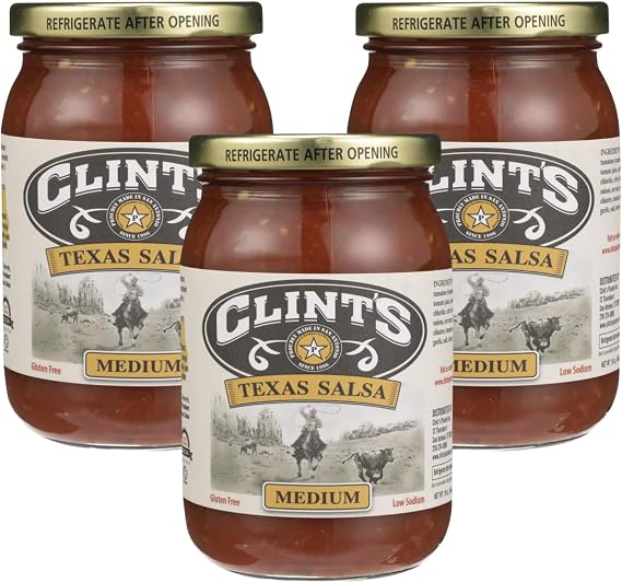 Clints Texas Salsa, Medium Heat, 16 oz Fresh Chunky Salsa with Bold Southwestern Flavor All Natural Dip & Cooking Salsa for Chips, Tacos, Nachos & Mexican Recipes [Pack of 3]