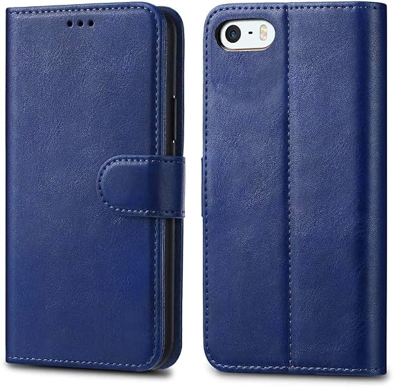 GAPlus iPhone SE 5 5S Case Premium Leather Flip Wallet Case Cover Pouch For iPhone SE 5 / 5S and Screen Protector With Polishing Cloth And Stylus (Blue)