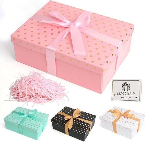 Gift Boxes with Lids Large Gift Boxes for Presents 25x18x8.8cm Gold Dots | Foldable Present Boxes with Card, Shredded Paper, Ribbon for Valentines Day Birthday Anniversaries Weddings (Pink)