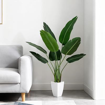 OAKRED Artificial Bird of Paradise Plant, 4Ft Fake Floor Plants with White Taper Planter, Fake Palm Tree for Indoor Home Decor Office Living Room, Set of 1