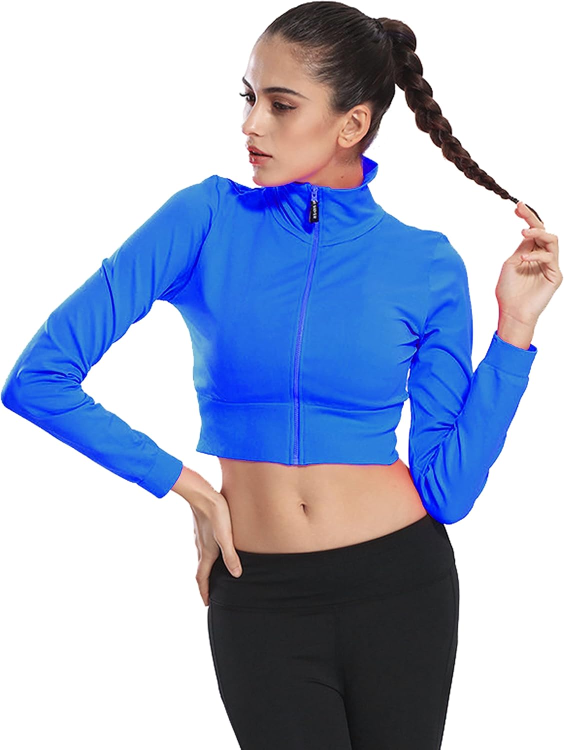 Womens Sexy Fitness Crop Top Jacket Sports Gym Workout Running Jacket Zip Up Long Sleeve Athletic Yoga Shirt