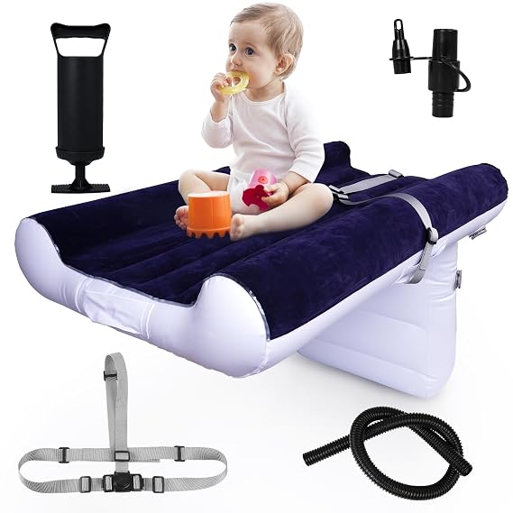 Toddler Travel Bed, Inflatable Baby Seat with Safety Belt and Pump, Blow Up Kids Air Mattress for Car, Train (Blue)