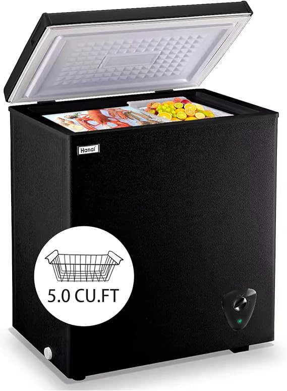 Chest Freezer 5.0 Cu.Ft Small Deep Freezer Black Top Door Mini Freezer with Removable Basket, Low Noise, 7 Adjustable Temperature and Energy Saving Perfect for Home Garage Basement Dorm or Apartment