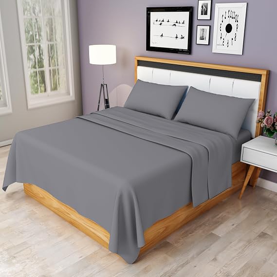 Grey Double Bed Sheet Set - Easy Care 4 Pieces Poly Cotton Sheet Set Double Size (Flat Sheet + Fitted Sheet + 2 Pillowcases) - Soft Wrinkle Resistant Bedding Set
