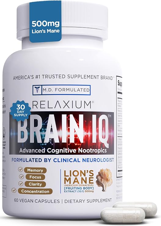 Relaxium BrainIQ Nootropic Brain Supplements, Memory Pill, Cognitive, 60ct | With Lion's Mane, L-threonine and Coffee Extract
