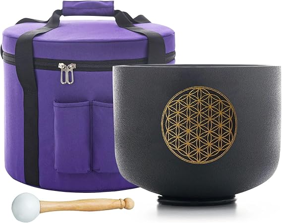 Hye-eun Crystal Singing Bowl 528HZ 8 Inch C Note Black Sound Healing Bowl | Meditation Sound Bath, Life Flower Design ,Singing Bowl ,Cleansing Stress Relief ,with Bag