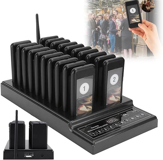 Wireless Restaurant Pager, With 999 Channel Calling Keypad + 20 Pagers, 3 Calling Modes, 1000m Wireless Transmission, For Fast Food Restaurant, Cafe, Food Court